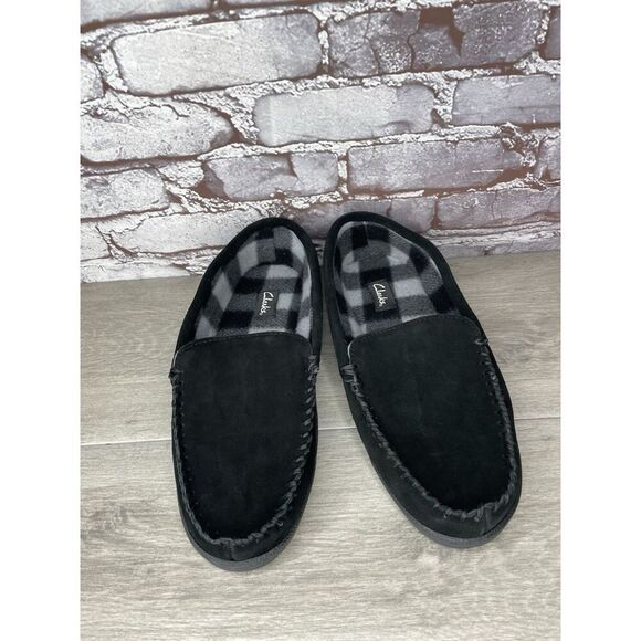 Clarks Venetian Black Suede Fur Lined Slip On Loafer Moccasin Slippers Men’s 10M - Picture 11 of 16